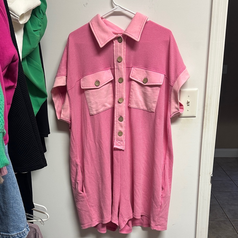 Oddy Pink Button-Down Romper - image 1